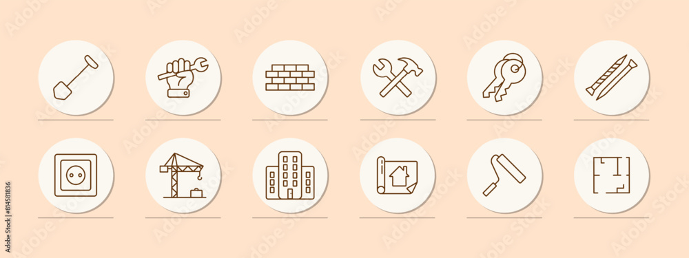 Construction set icon. Shovel, key, hand, wall, brick, hammer, cross, bunch of keys, nail, screw, crane, houses, construction plan, roller, painting, apartment layout. Building concept. Construction set icon. Shovel, key, hand, wall, brick, hammer, cross, bunch of keys, nail, screw, crane, houses, construction plan, roller, painting, apartment layout. Building concept.