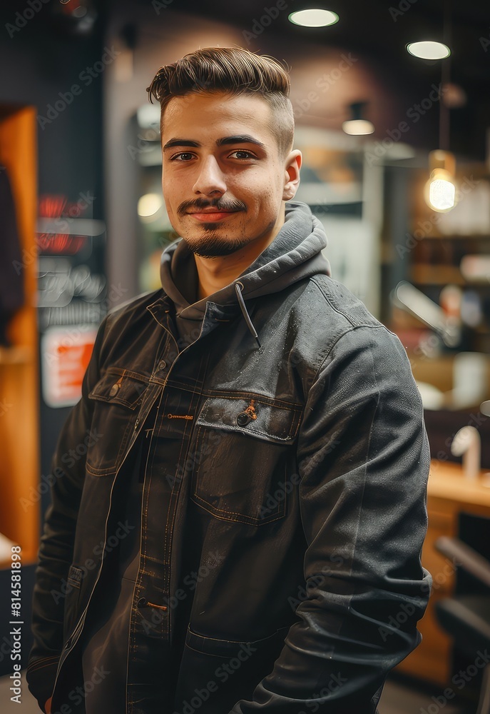 A confident young man looking satisfied with his new haircut in a trendy barbershop. A confident young man looking satisfied with his new haircut in a trendy barbershop.