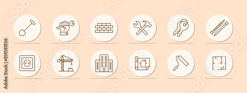 Construction set icon. Shovel, key, hand, wall, brick, hammer, cross, bunch of keys, nail, screw, crane, houses, construction plan, roller, painting, apartment layout. Building concept.