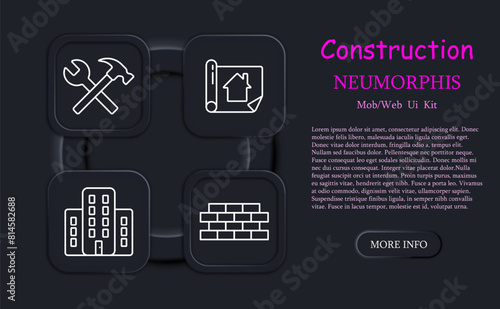 Construction set icon. Shovel, key, hand, wall, brick, hammer, cross, bunch of keys, neomorphism, houses, construction plan, roller, painting, apartment layout. Building concept.