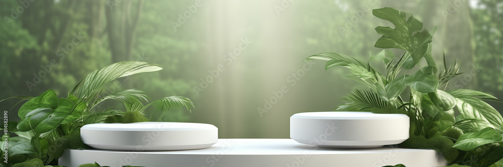 Podium background product green nature 3D forest stand white plant. Cosmetic background product podium display wood jungle studio garden beauty platform presentation mockup pedestal stone tropical Podium background product green nature 3D forest stand white plant. Cosmetic background product podium display wood jungle studio garden beauty platform presentation mockup pedestal stone tropical