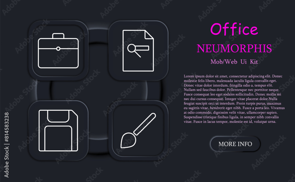 Office set icon. Form, check sheet, statistics, neomorphism, brush, briefcase, floppy disk, dossier, folder, portfolio, suitcase, hard drive, flash drive. Department concept. Office set icon. Form, check sheet, statistics, neomorphism, brush, briefcase, floppy disk, dossier, folder, portfolio, suitcase, hard drive, flash drive. Department concept.
