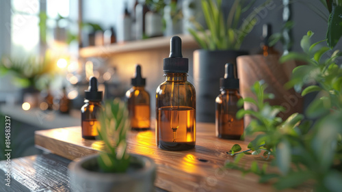 Amber dropper bottles on a windowsill with plants photo