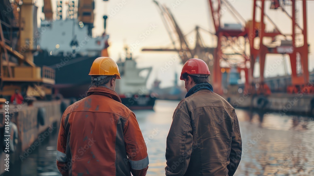 A compelling image capturing the rear view of two dock workers standing in the foreground of a bustling shipyard, with cranes and maritime activity blurred in the background. A compelling image capturing the rear view of two dock workers standing in the foreground of a bustling shipyard, with cranes and maritime activity blurred in the background.