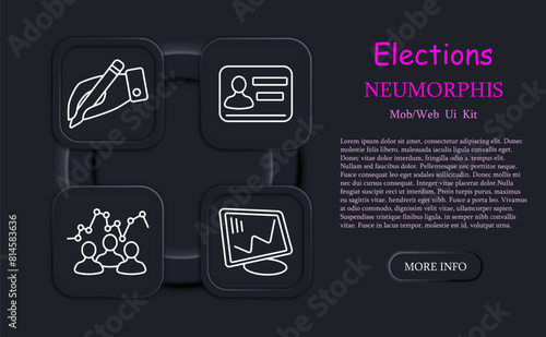 Elections set icon. Vote, candidate, speech, voting, percentage, diagram, statistics, pencil, hand, record, neomorphism, people opinion, passport. Electoral campaign concept.