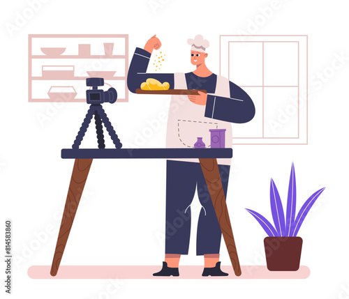 Restaurant chefs, food blogger, cook restaurant and culinary. Male cartoon character cooking dish in kitchen