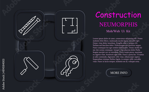 Construction set icon. Shovel, key, hand, wall, brick, hammer, cross, bunch of keys, neomorphism, houses, construction plan, roller, painting, apartment layout. Building concept.