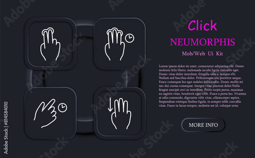 Clicks set icon. Double click, palm, hand, swipe, move object, scroll down with three fingers, hold, move up, pinch with three fingers, hold, neomorphism, delay with three fingers. Gestures concept.