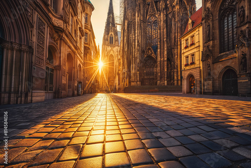 A majestic gothic cathedral with stained glass windows and towering spires  bathed in the golden light of sunrise  casting intricate shadows on the surrounding cobblestone streets.