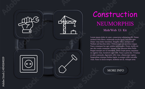 Construction set icon. Shovel, key, hand, wall, brick, socket, tap, cross, bunch of keys, neomorphism, houses, construction plan, roller, painting, apartment layout. Building concept.