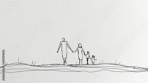 continuous line drawing of a family walking hand in hand