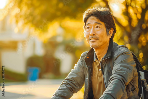 A middle-aged Asian man enjoying a leisurely bike ride through a suburban neighborhood, appreciating the tranquility of the morning light. photo