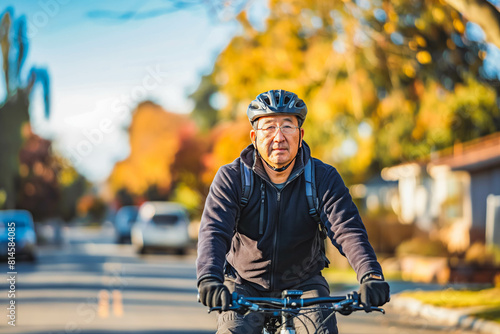 A middle-aged Asian man enjoying a leisurely bike ride through a suburban neighborhood, appreciating the tranquility of the morning light.