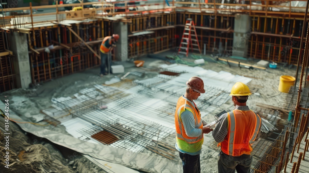 A captivating stock photo featuring employees on a construction site, wearing safety gear and collaborating on plans for the next construction phase. A captivating stock photo featuring employees on a construction site, wearing safety gear and collaborating on plans for the next construction phase.
