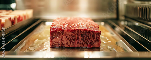 A beautiful piece of marbled steak sits on a metal tray. It is ready to be cooked to perfection.