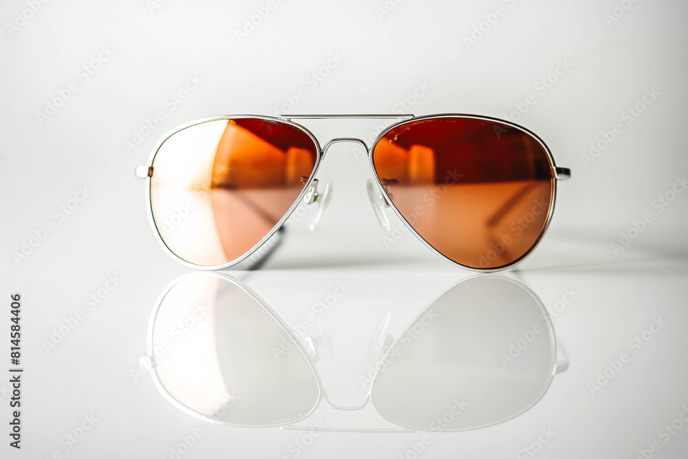 A pair of classic aviator sunglasses with a metal frame and brown mirrored lenses, reflecting the viewer on a crisp white background. A pair of classic aviator sunglasses with a metal frame and brown mirrored lenses, reflecting the viewer on a crisp white background.
