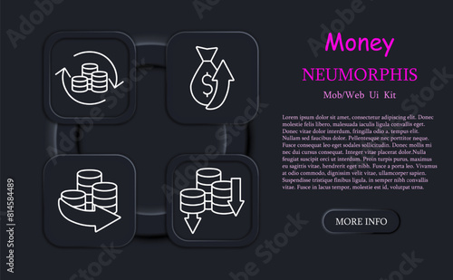 Money set icon. Coins, arrows, profits, losses, financial cycle, deposit, investment, increasing profits, neomorphism, dollar, bank transfer, large amount of money. Working with money concept.