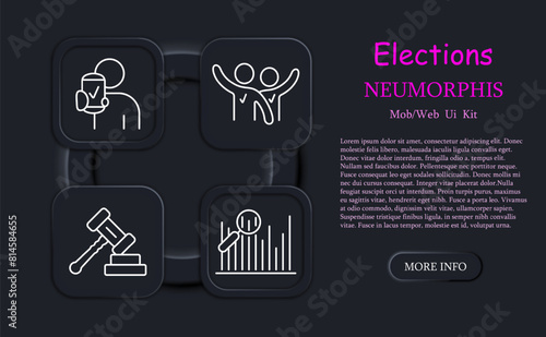 Elections set icon. Vote, candidate, speech, voting, percentage, diagram, statistics, court, judge's hammer, record, neomorphism, people opinion, passport. Electoral campaign concept.