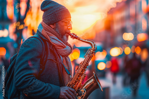 A passionate musician playing saxophone on a street corner at sunset.