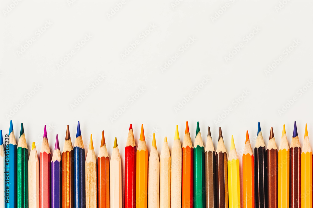 A row of colorful pencils, lined up neatly on a white desk, ready to bring sketches and drawings to life. A row of colorful pencils, lined up neatly on a white desk, ready to bring sketches and drawings to life.