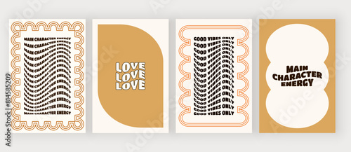 Geometric border frames on the cards with wavy colorful lines and text

