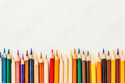 A row of colorful pencils, lined up neatly on a white desk, ready to bring sketches and drawings to life.