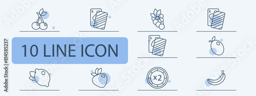 Casino set icon. Cards, suits, fruits, win, bet, doubling, chip, money, king, diamond, hearts, spades, banana, risks, excitement, ardor, lemon, cherry, strawberry, dollar, stake. Gambling concept.