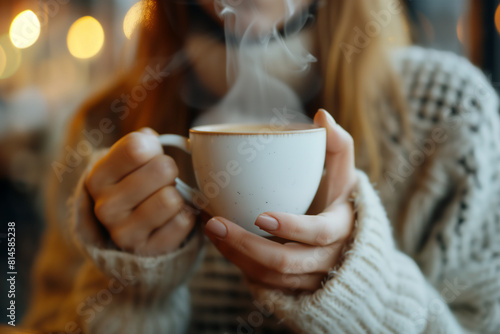 Close-up of a woman holding a steaming cup blurred background of cafe