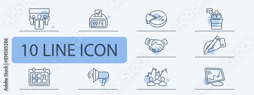 Elections set icon. Vote, candidate, speech, calendar, voting, percentage, diagram, statistics, pencil, hand, record, handshake, loudspeaker, people opinion, passport. Electoral campaign concept.