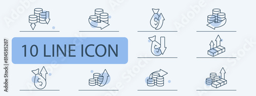Money set icon. Coins, arrows, profits, losses, financial cycle, deposit, investment, increasing profits, bullion, dollar, bank transfer, large amount of money. Working with money concept.
