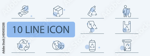 Ecology set icon. Recycling, plastic, reuse, glass, garbage, environmental pollution, bionomics, battery, lithium battery, hand and leaf, bottle. Environment care concept.