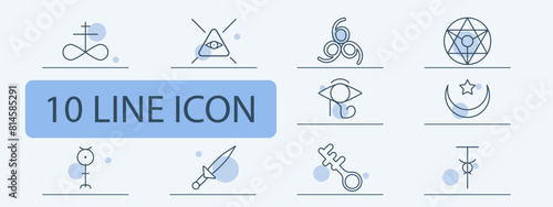 Sect set icon. Pentagram, Sigil of Baphomet, ritual dagger, sacrifices, inverted cross, Satan, 666, eye, key, crescent with star, infinity sign, worship, belief, faith, persuasion. Cult concept.