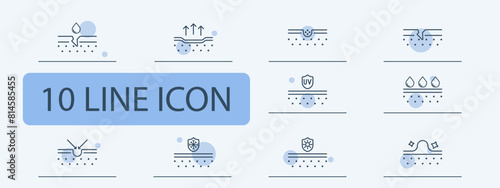 Skin care set icon. Dermis, skin, saggy skin, creams, oils, beauty, Korean cosmetics, epidermal protection, treatment, SPF, sweat, hydration. Appearance care concept.