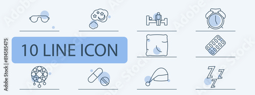 Dream set icon. Slumber, repose, bed, alarm clock, dream catcher, Z, snoring, melatonin, pillow, tablets, pills, sleep cap, lamp, man on doss. Sleep concept.