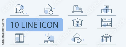 Stock set icon. Reserve, margin, supplies, store, boxes, depot, barrel, oil, mail, port, shelves with warehouses, asterisk, plus, storage, port. Stockroom concept.