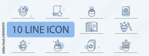 Focus set icon. Rabbit ears in hat, magic wand, grimoire, witchcraft book, sparks, stars, enchantment, theurgy, cards, scintilla, bottle. Magic concept.