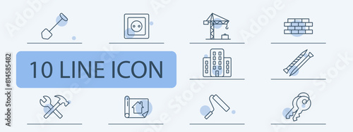 Construction set icon. Shovel, key, hand, wall, brick, hammer, cross, bunch of keys, nail, screw, crane, houses, construction plan, roller, painting, apartment layout. Building concept.