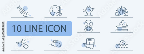 Waste set icon. Fish skeleton, refuse, tailings, cheeseparings, spray can, paint, lungs, glass, plastic, garbage in water, environmental pollution, gas mask, dead tree, wood cutting. Refuse concept.