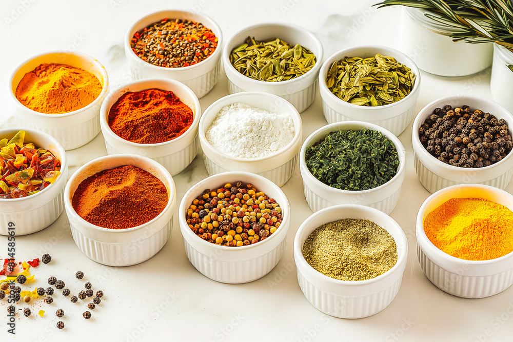 A selection of colorful spices, each one adding depth and flavor to culinary creations, arranged neatly on a white countertop. A selection of colorful spices, each one adding depth and flavor to culinary creations, arranged neatly on a white countertop.