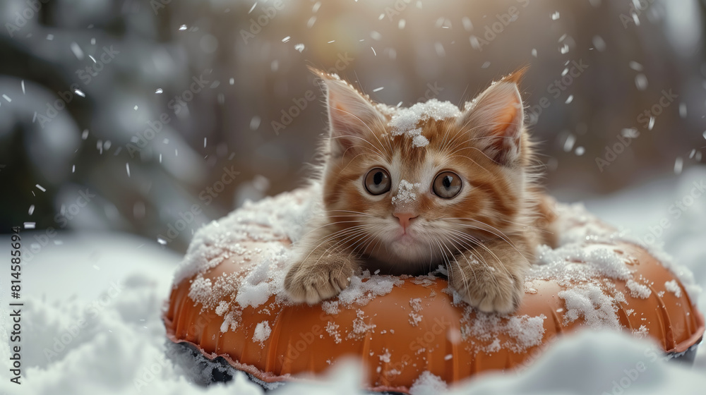 Cute Ginger Kitten Tubing in Snow Winter Cute Ginger Kitten Tubing in Snow Winter