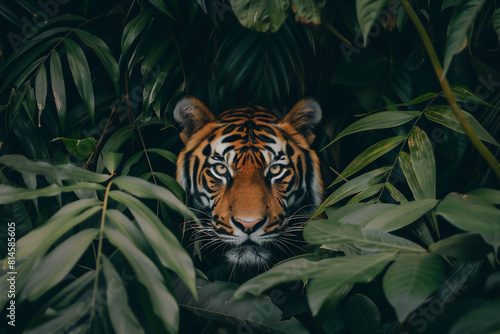 face tiger looking and leaf in the rainforest