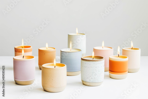 A selection of fragrant candles  casting a warm  inviting glow against the minimalist backdrop of a white studio.