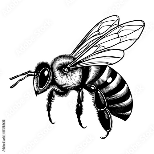 Abeille en vol, profil, icone, dessin vectoriel, noir et blanc, gravure ancienne