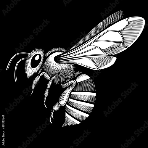 Abeille en vol, profil, icone, dessin vectoriel, noir et blanc, gravure ancienne photo