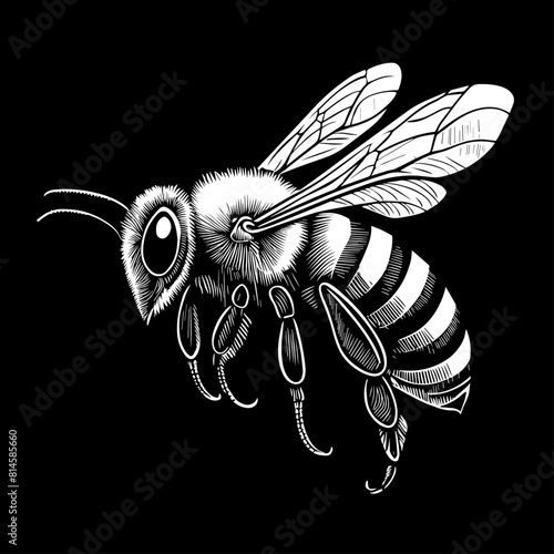 Abeille en vol, profil, icone, dessin vectoriel, noir et blanc, gravure ancienne