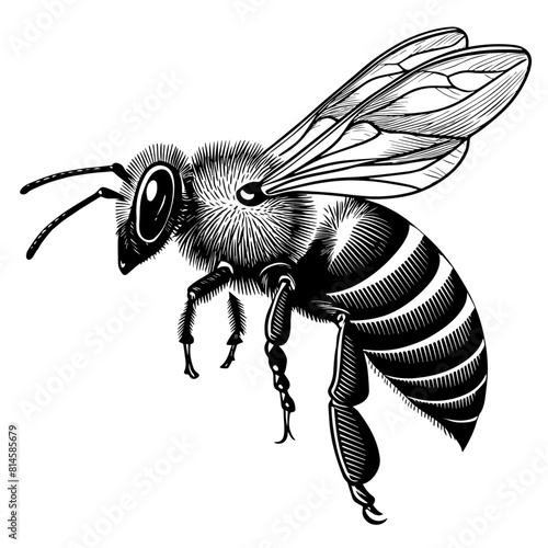 Abeille en vol, profil, icone, dessin vectoriel, noir et blanc, gravure ancienne