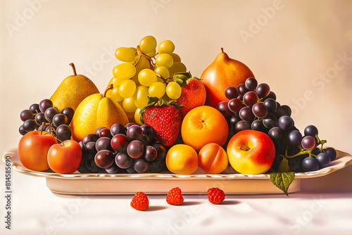 A selection of ripe  juicy fruits  arranged artfully on a white platter  tempting the viewer with their fresh colors and textures.