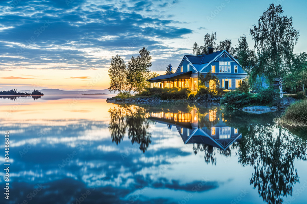 Fototapeta premium A serene waterfront property overlooking a tranquil lake, its pristine facade mirrored in the calm waters at sunrise.