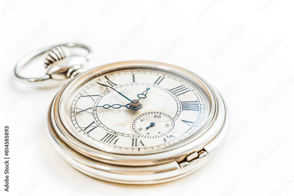 A shiny silver pocket watch, its timeless design standing out against the clean lines of a white studio background. A shiny silver pocket watch, its timeless design standing out against the clean lines of a white studio background.