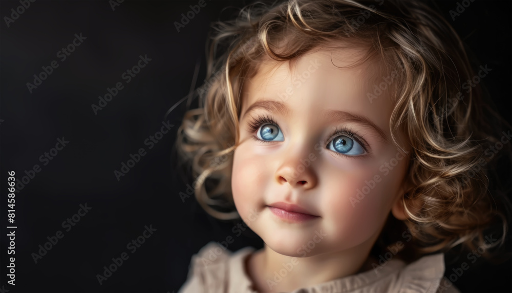 A close-up portrait of a toddler with captivating blue eyes and curly hair, gazing upward with an expression of wonder against a dark background. A close-up portrait of a toddler with captivating blue eyes and curly hair, gazing upward with an expression of wonder against a dark background.